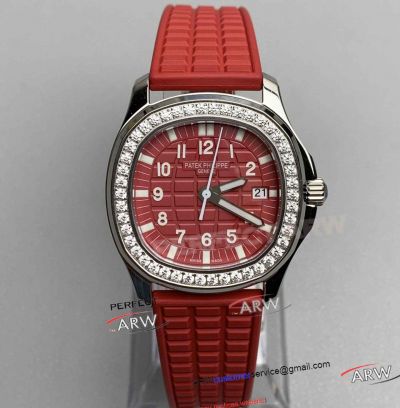  Clone Patek Philippe Aquanaut Women Watch Red Dial Diamond Bezel Swiss Quartz Watch